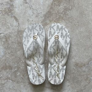 White Michael Kors Flip Flops Size 8 Gold Colored Hardware